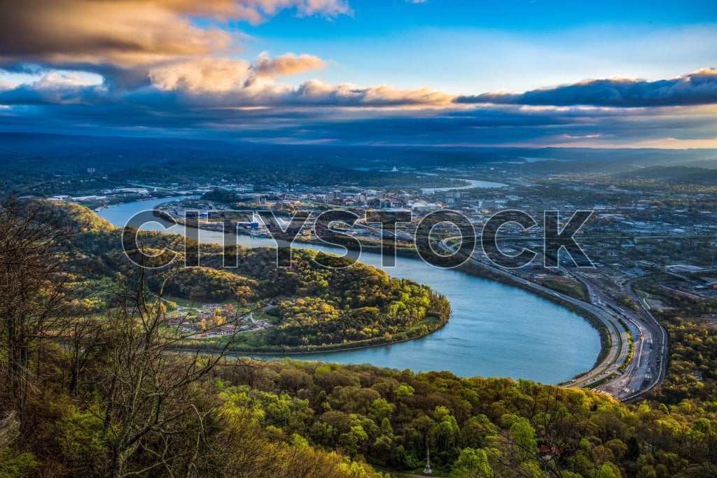 Aerial View of Chattanooga River and Cityscape at Sunrise