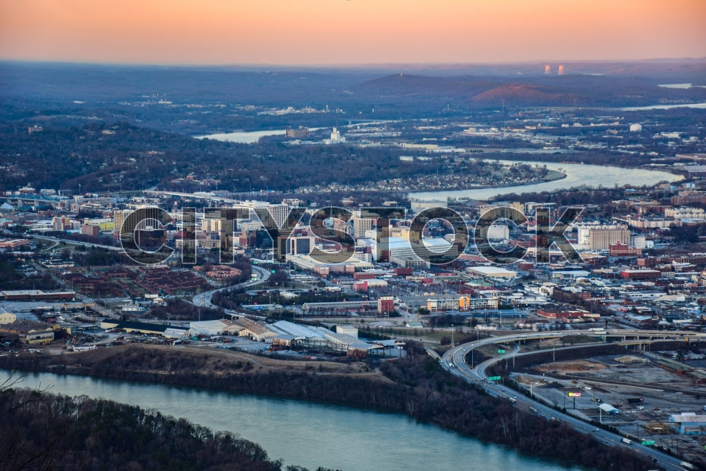 Sunrise over Chattanooga cityscape showing river and urban area