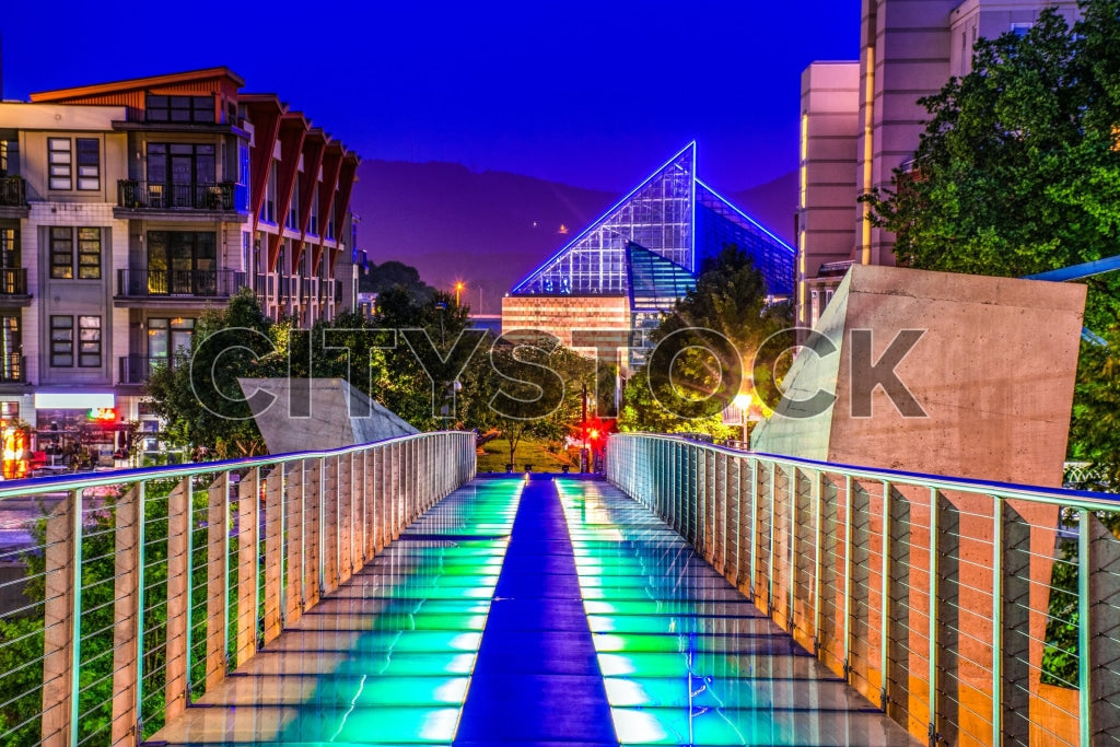 Colorful night view of Chattanooga bridge and skyline