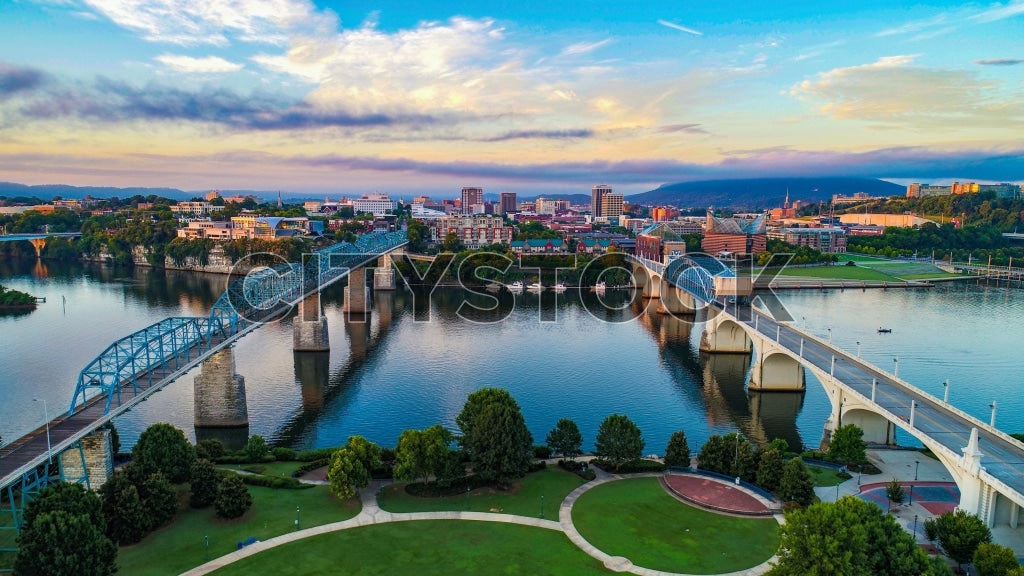 Aerial View of Chattanooga at Sunrise with River and Bridges