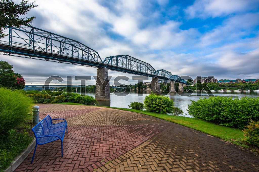 Chattanooga River and Bridge with Blue Sky and Urban Backdrop
