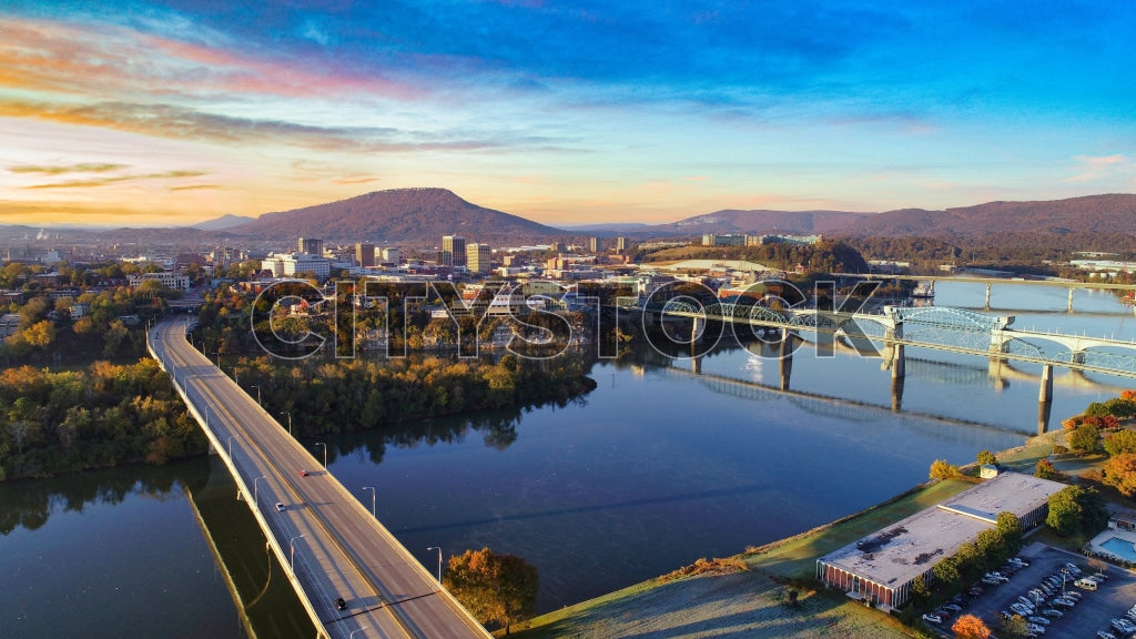 Aerial view of sunrise, bridges, and river in Chattanooga