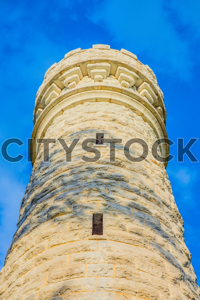 Close-up of historic stone tower under clear blue sky in Chattanooga