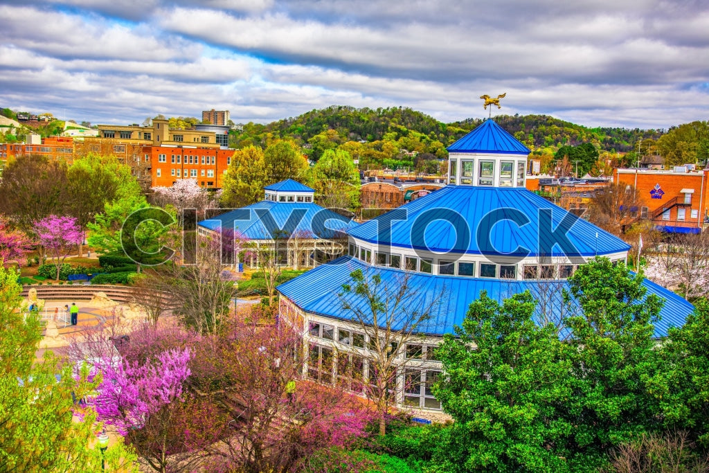 Spring view of Chattanooga with blooming trees and pavilion