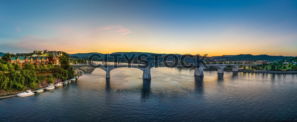 Panoramic view of sunset over Chattanooga River and Bridges