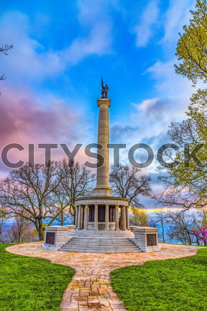 Historic Chattanooga monument at sunset with vibrant sky