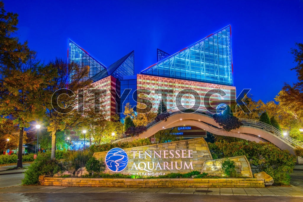 Twilight cityscape of Tennessee Aquarium in Chattanooga