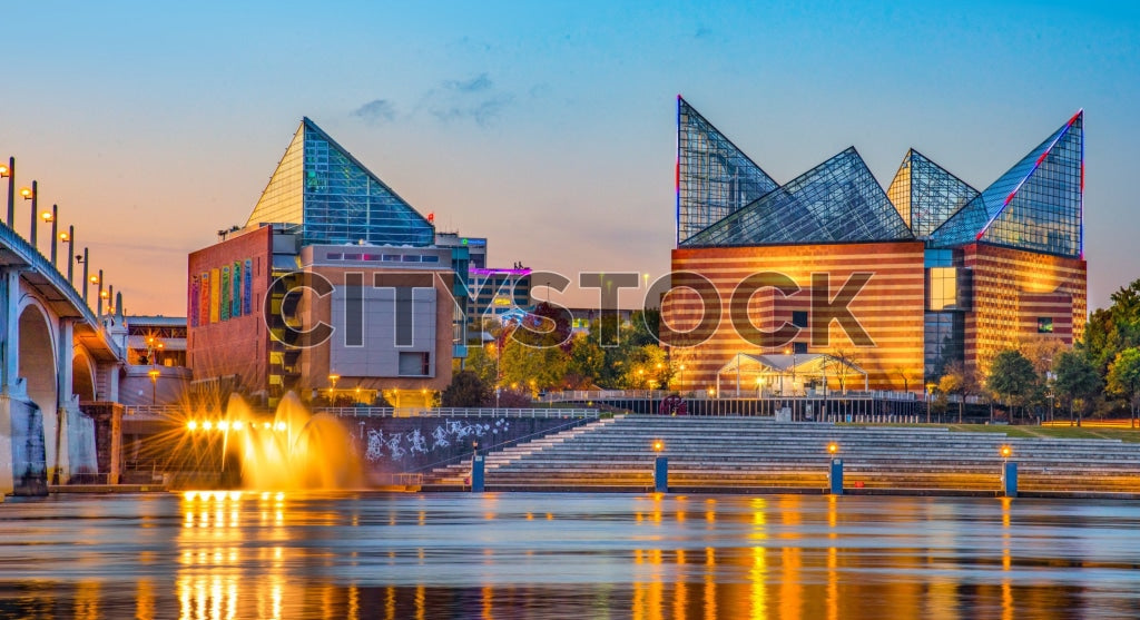 Chattanooga skyline at sunset with river and fountain