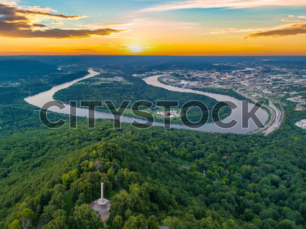 Aerial view of Chattanooga with sunset, river, and cityscape