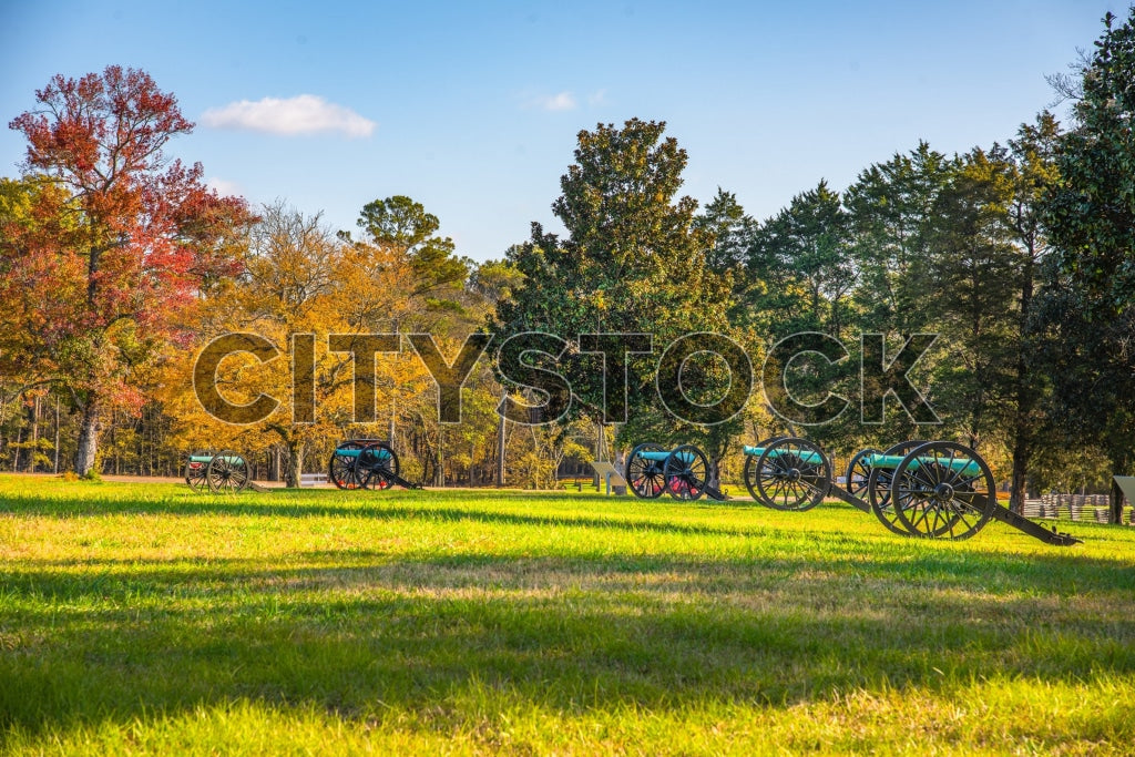 Historic cannons in a field during autumn in Chattanooga, TN