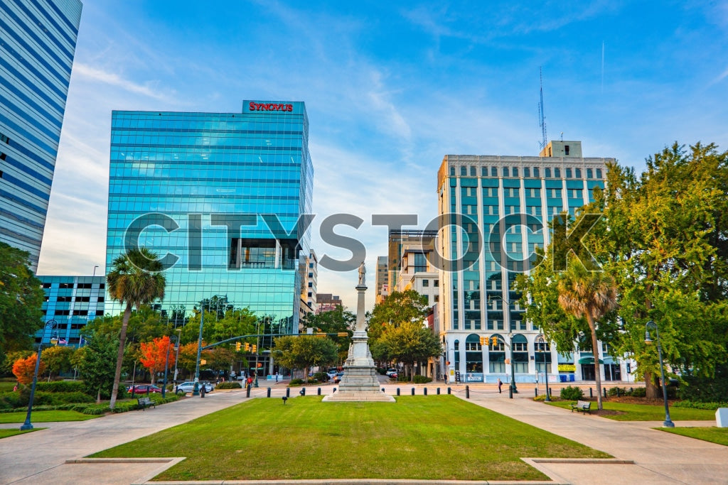 Bright sunny view of Columbia SC with modern and historical architecture