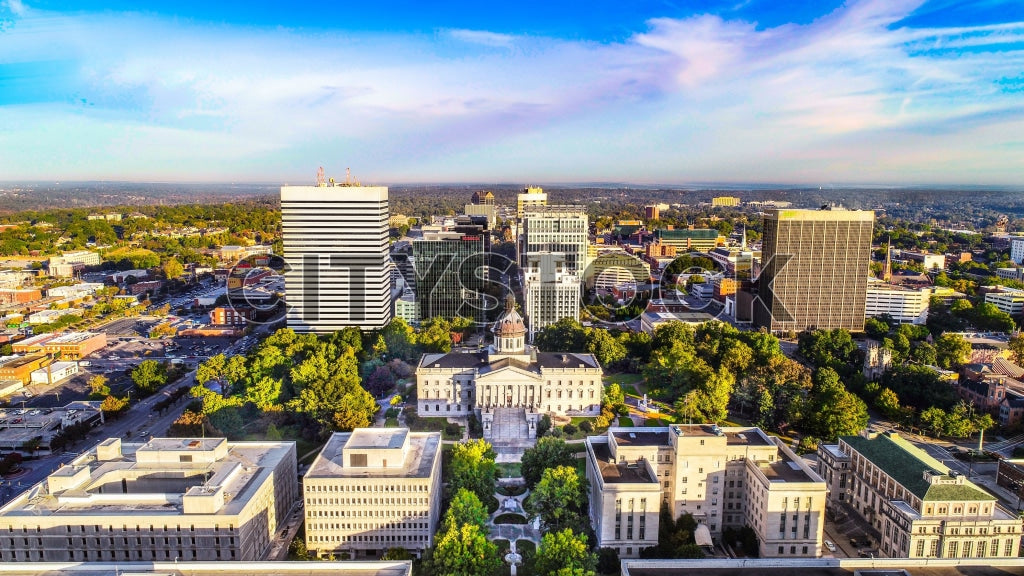 A high-resolution aerial photo of Columbia SC's skyline at sunset