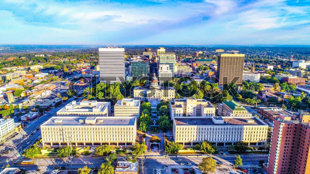 Aerial view of Columbia SC skyline at sunrise with clear blue sky