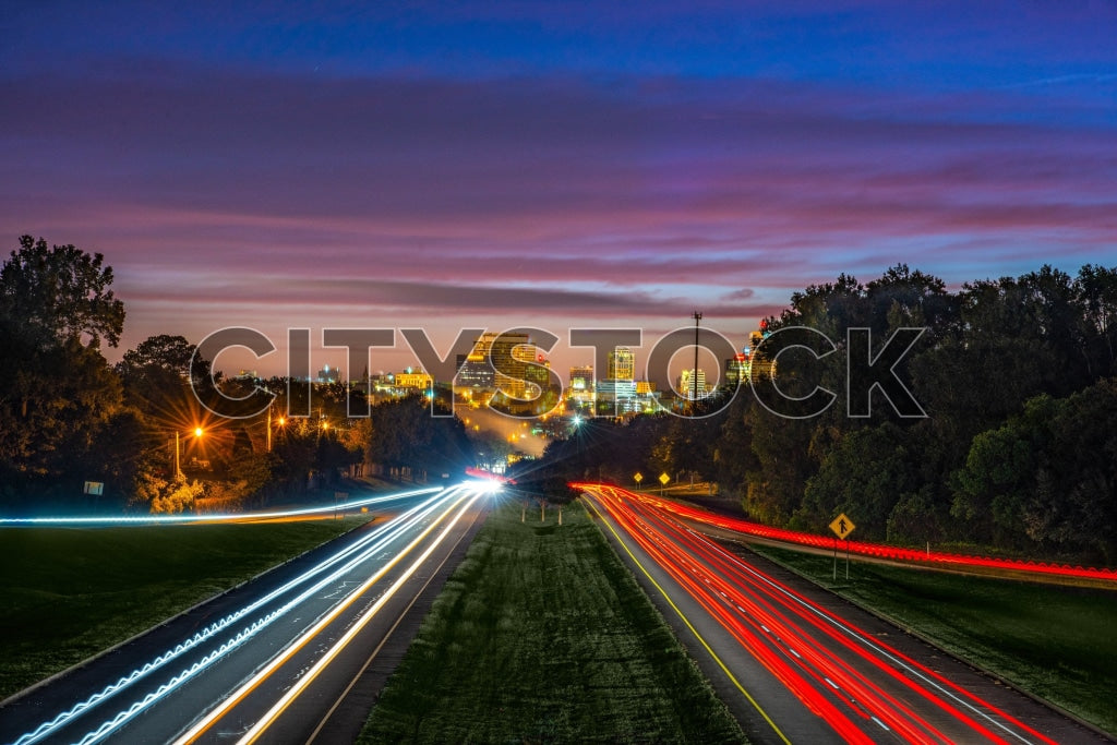 Columbia SC sunset skyline and highway light trails