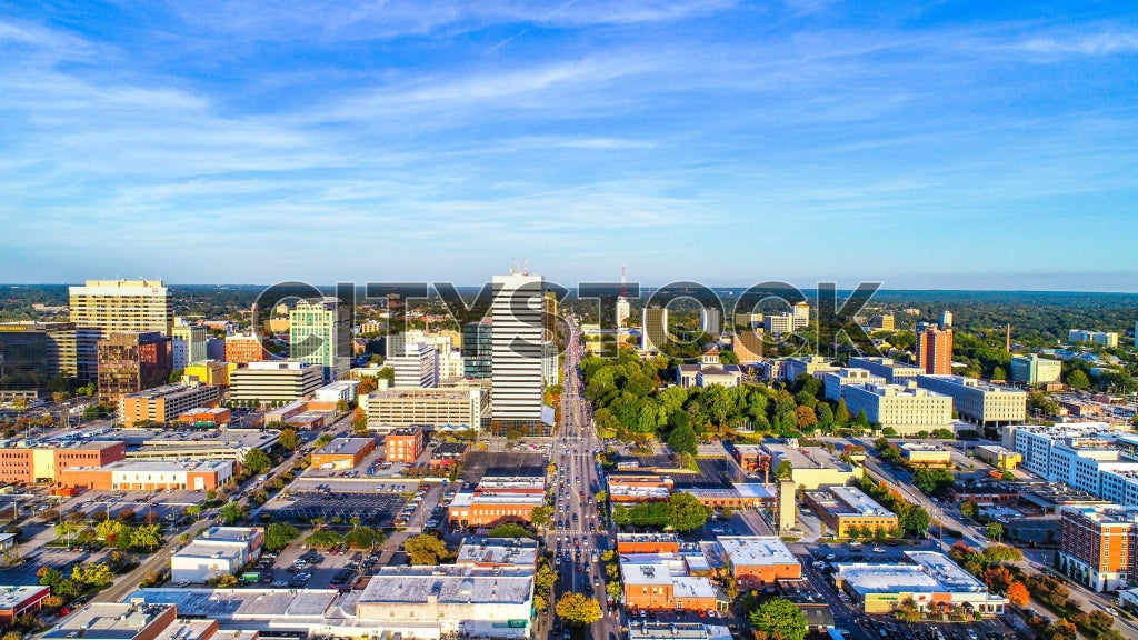 Aerial cityscape of Columbia, SC under the bright sunlight