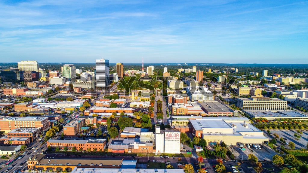 Aerial cityscape of Columbia, South Carolina under blue sky