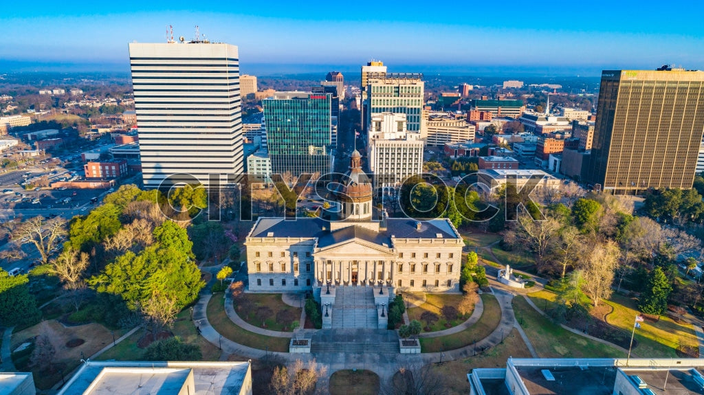 Aerial view of Columbia, SC Statehouse and urban skyline