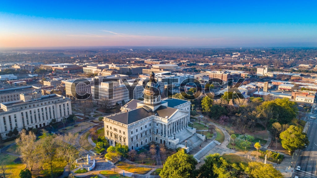Aerial view of Columbia SC skyline and State House at dawn