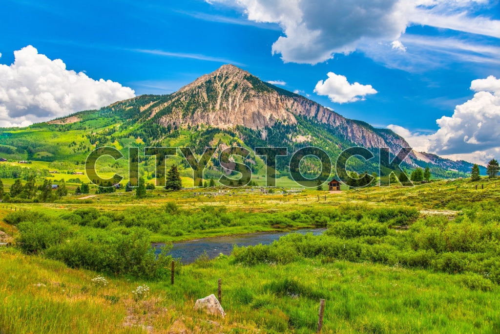 Summer view of Crested Butte with mountain, cabin, and wildflowers