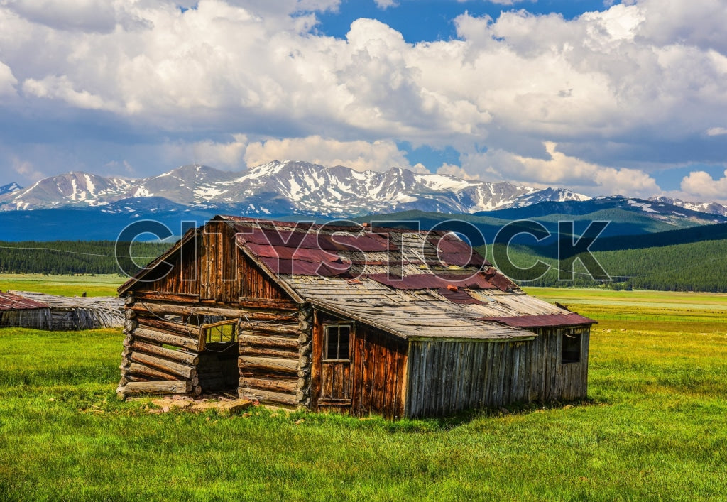 Old rustic cabin in green field with Colorado mountains in background