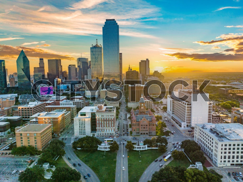 Aerial view of Dallas, TX skyline at sunset with vivid colors