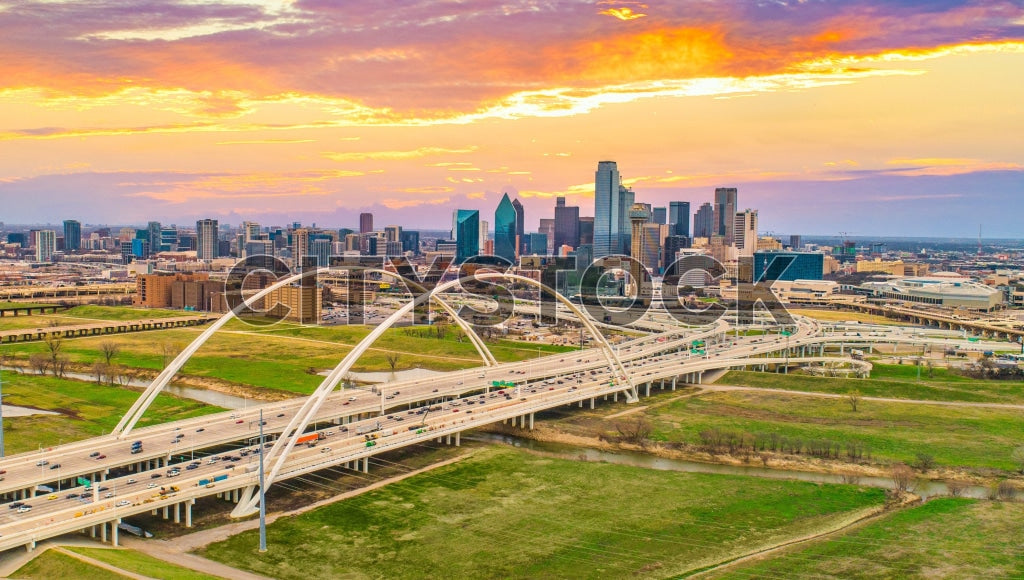 Dallas skyline sunset with complex highway intersections