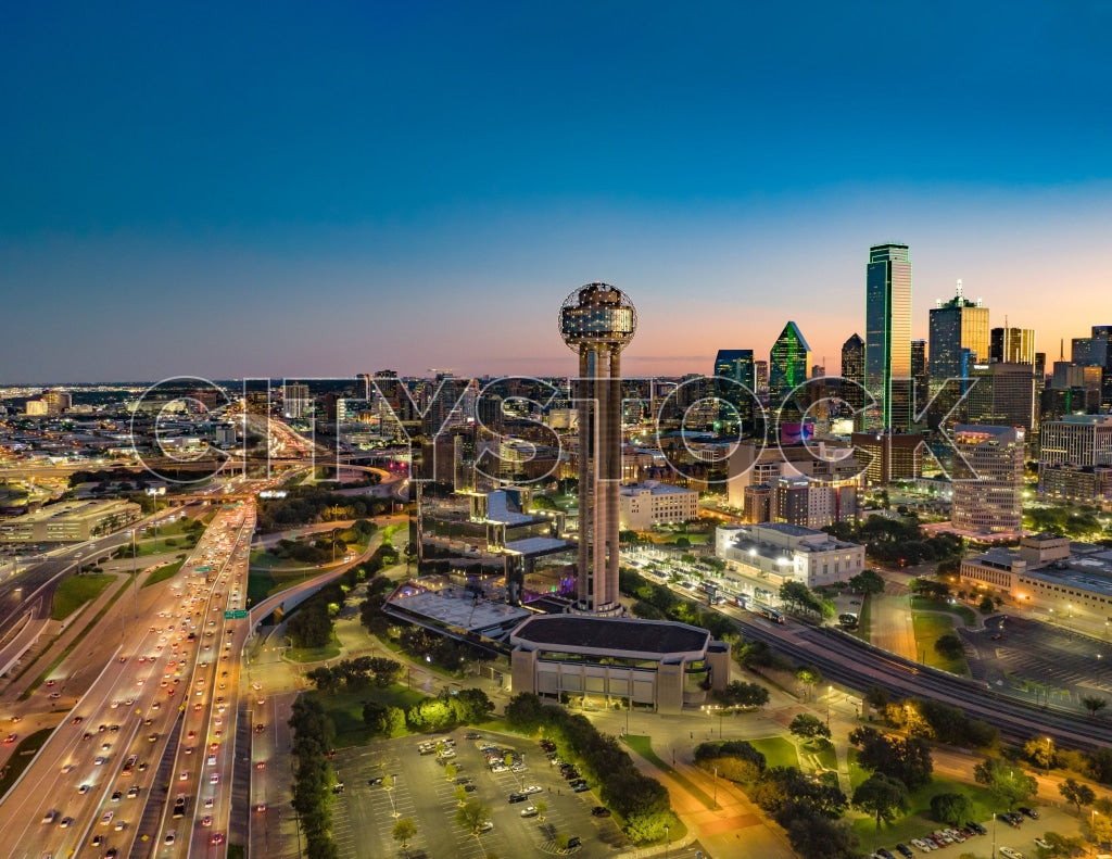 Aerial view of Dallas skyline with Reunion Tower during sunset