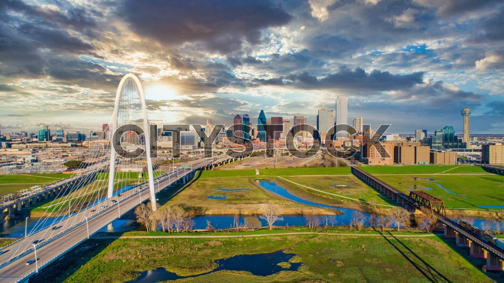 Dallas skyline with Margaret Hunt Hill Bridge at sunset, Texas