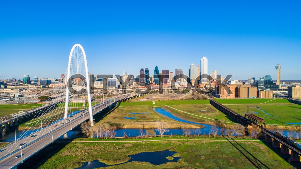 Aerial view of downtown Dallas with Margaret Hunt Hill Bridge