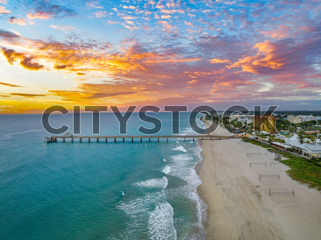 Stunning aerial sunset view of Pompano Beach Pier, Florida