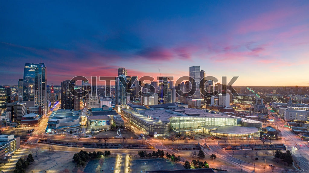 Aerial view of Denver downtown at sunset with vivid skies