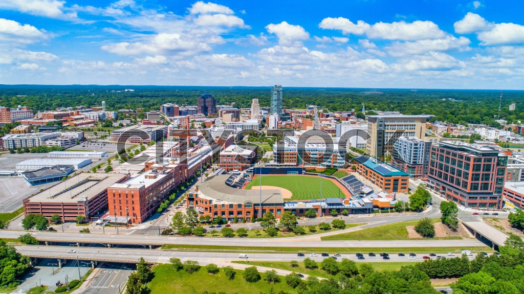 Aerial view of Durham, NC showcasing downtown and stadium