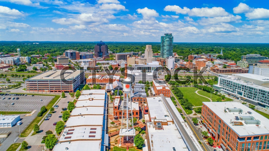 Aerial view of downtown Durham, North Carolina with clear skies
