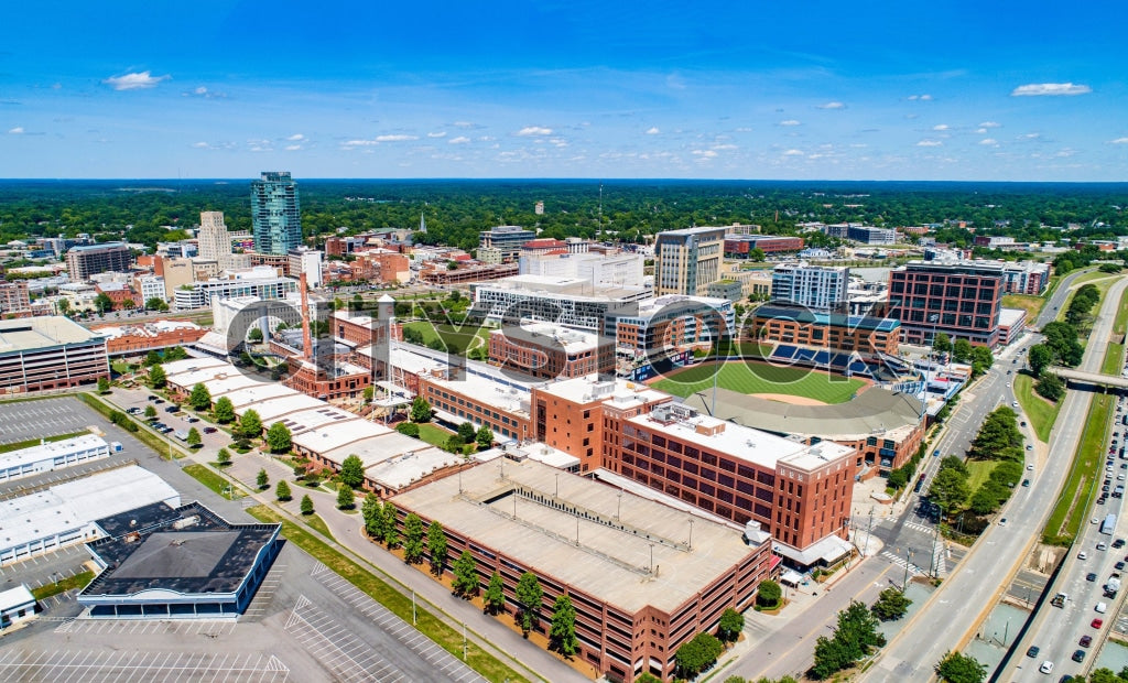 Aerial view of downtown Durham, NC on a sunny day