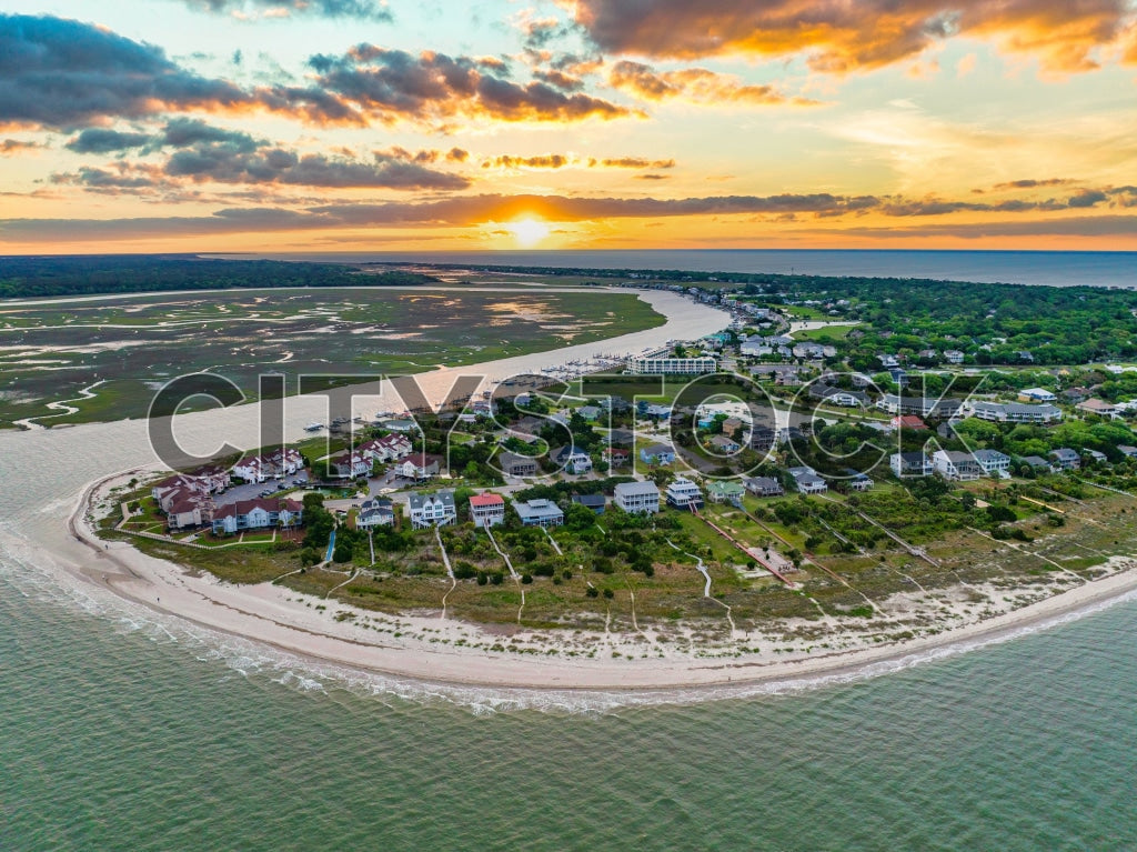 Aerial view of sunset at Edisto Island, SC with beachfront homes