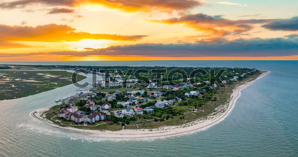 Sunset aerial view of Edisto Island showcasing coastal town and beach