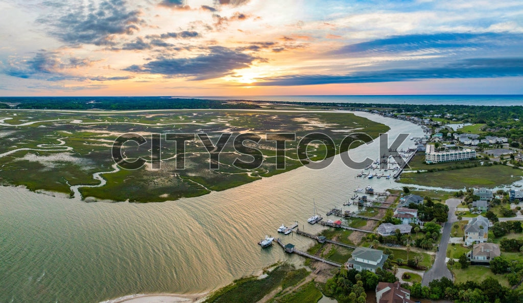 Aerial view of Edisto Island marshland and river at sunset