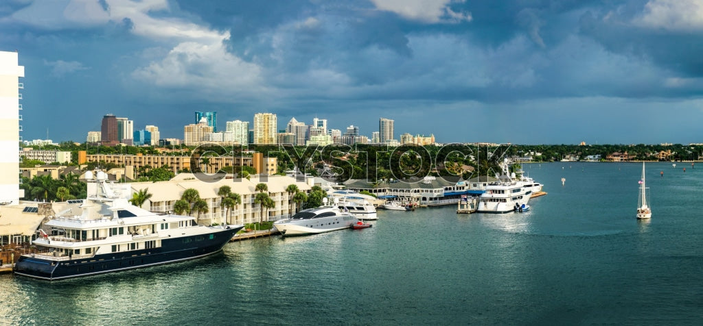 Luxury yachts at Fort Lauderdale marina with urban skyline