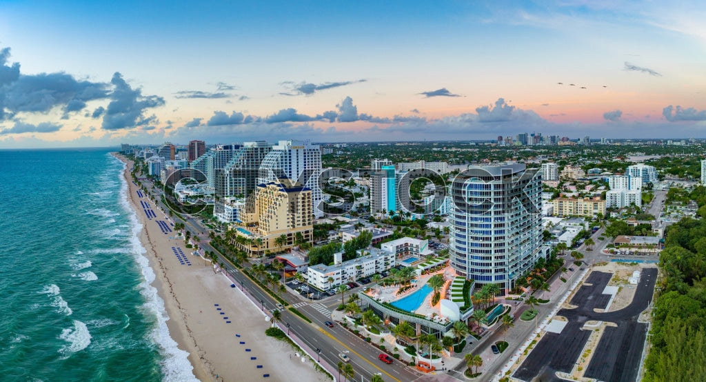 Aerial view of Fort Lauderdale beach and skyline at sunset
