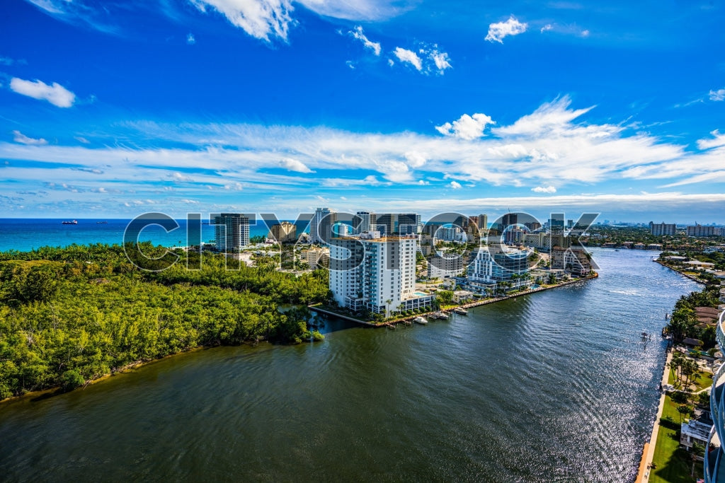 Aerial view of Fort Lauderdale skyline with blue waterways