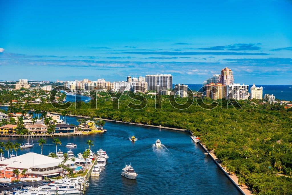 Aerial view of Fort Lauderdale waterfront and skyline with yachts