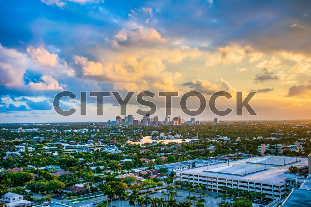 Sunset aerial view of Fort Lauderdale downtown skyline