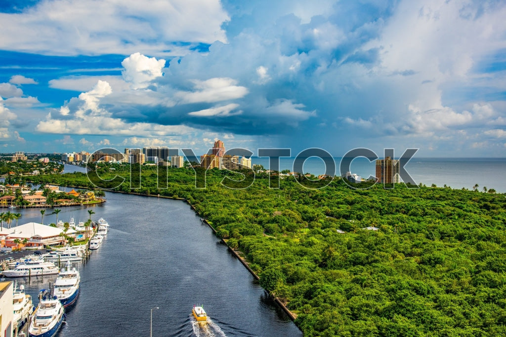 Aerial view of Fort Lauderdale with urban skyline and green landscapes