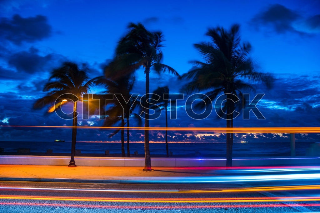 Fort Lauderdale Beach with sunset colors and light trails