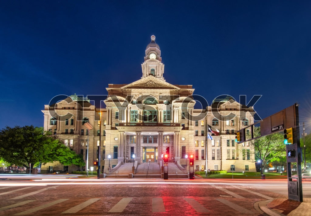 Fort Worth Courthouse at Twilight with Vibrant Streetlights, Texas