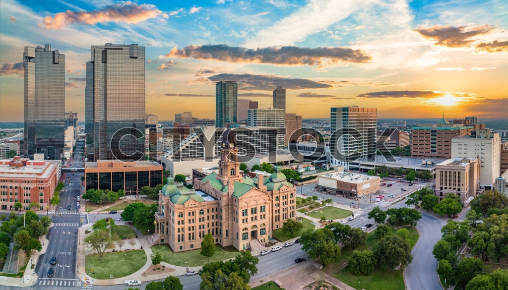 Aerial view of Fort Worth, Texas skyline at sunset