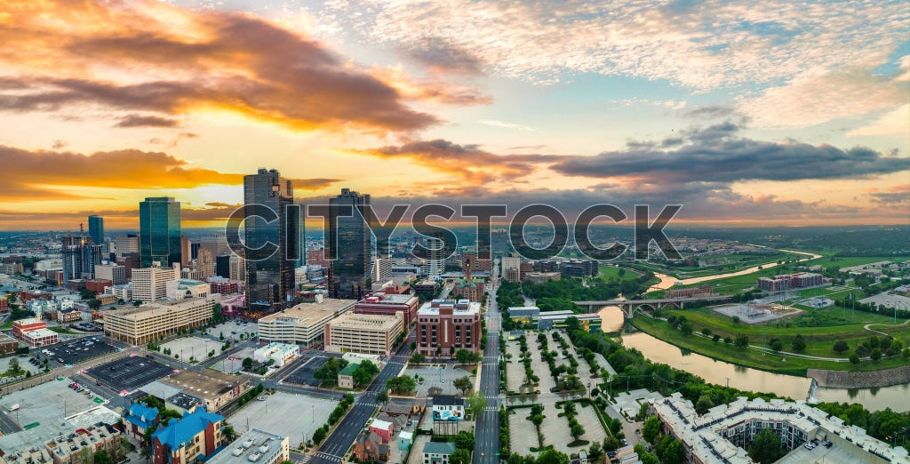 Aerial sunrise view of Fort Worth skyline and Trinity River