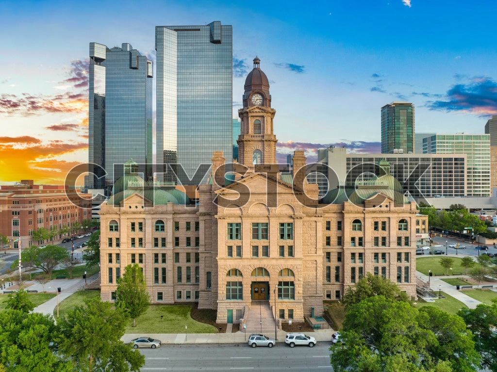 Historic Fort Worth Courthouse at Sunset with City Skyline