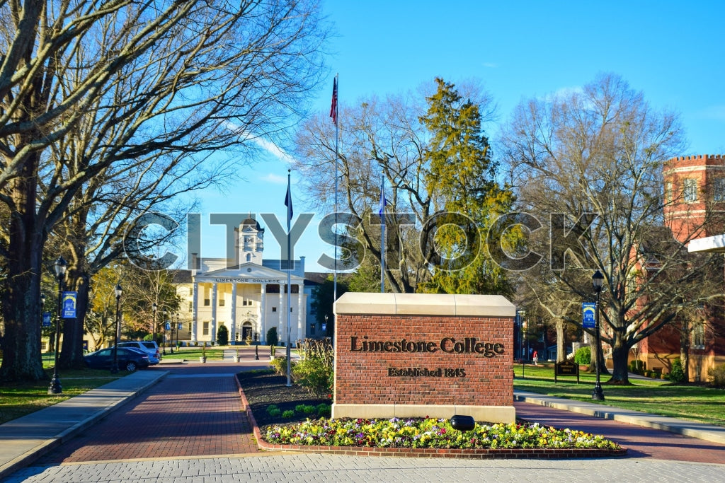 View of Limestone College with blue sky and historic buildings in Gaffney