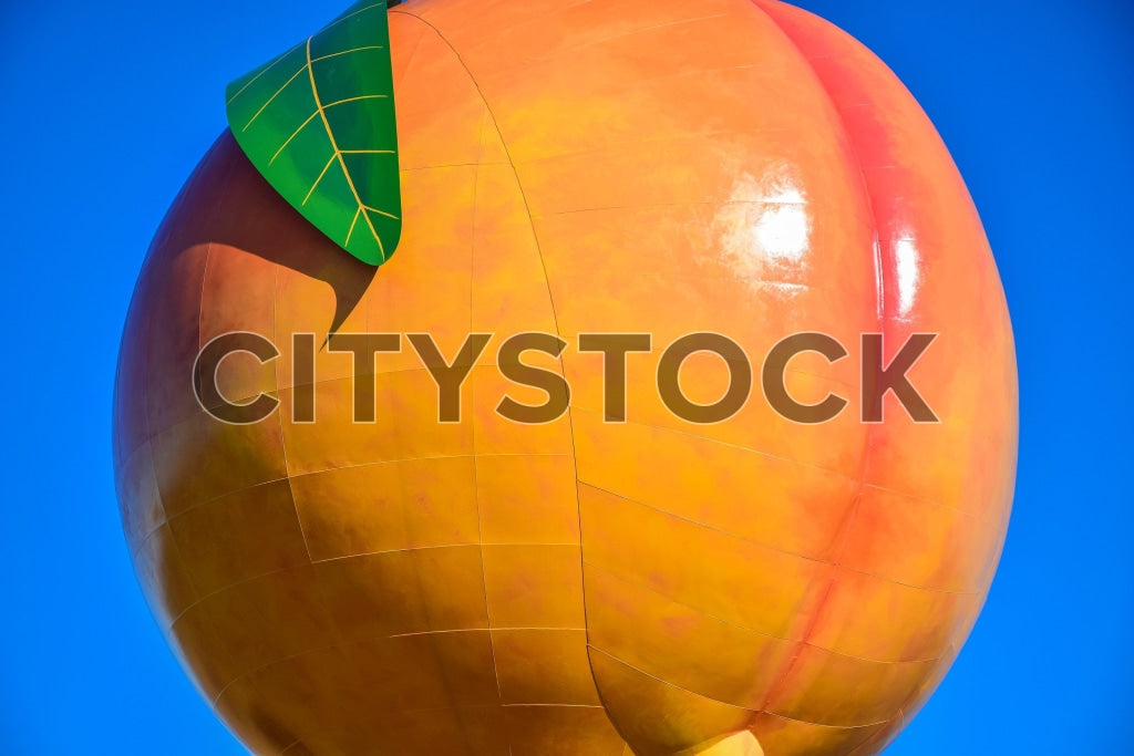Close-up view of Peachoid water tower with vibrant colors against blue sky